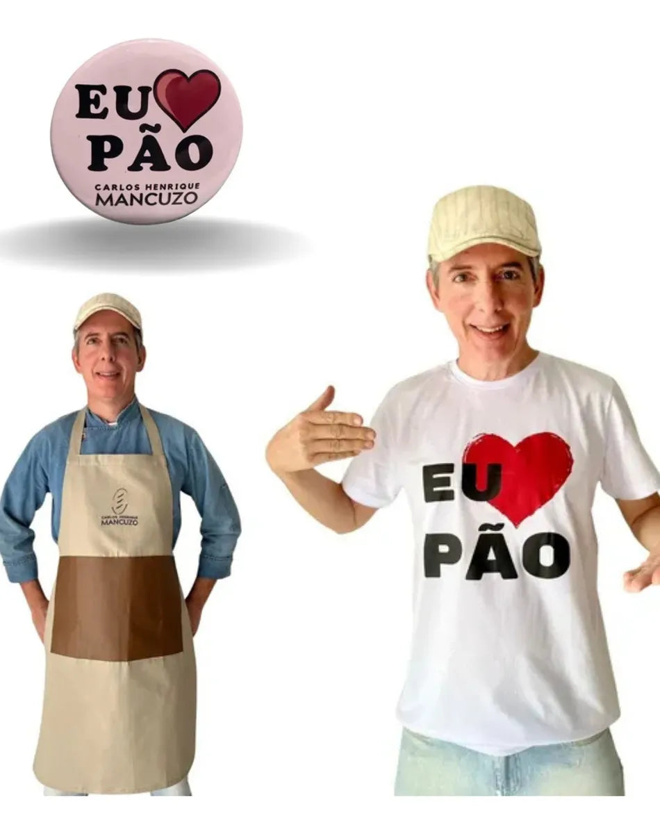 Kit Eu Amo Pão (camiseta, Avental E Boton)