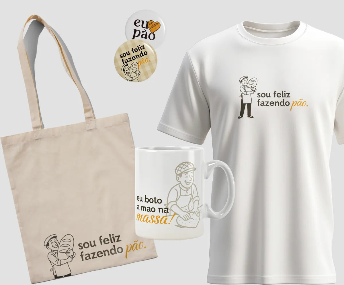 Kit Sou Feliz Fazendo Pão (camiseta, Caneca E Ecobag)